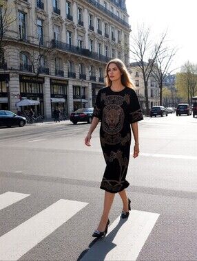 Black Embroidered Graphic Midi Dress by